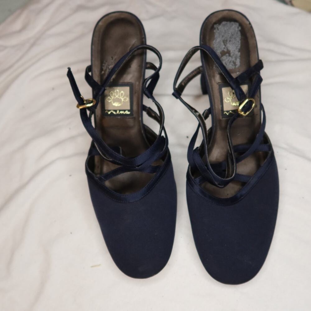 Nina Womens Size 8 Blue Strappy Block Heel Criss-cross Vamp Satin Textile Upper
